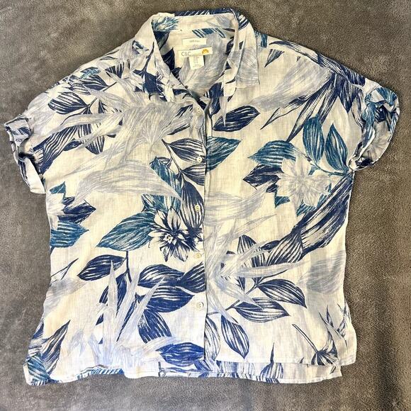 C&C California 100% Linen Top Women's M White Blue Floral Boho Resort Hawaiian - Picture 1 of 10